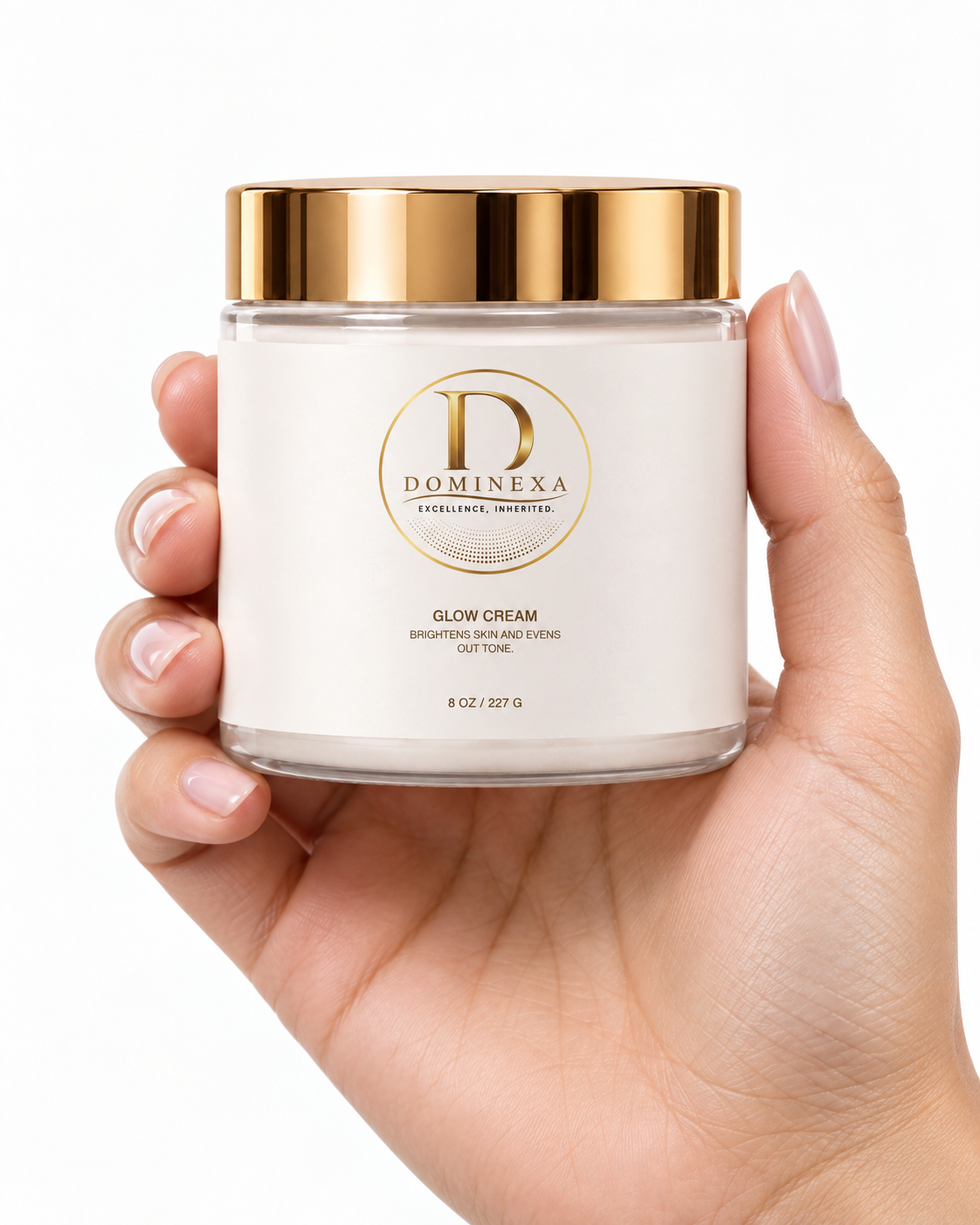 Dominexa Glow Cream, 8 oz jar of niacinamide and alpha-arbutin body cream for dark marks and uneven tone