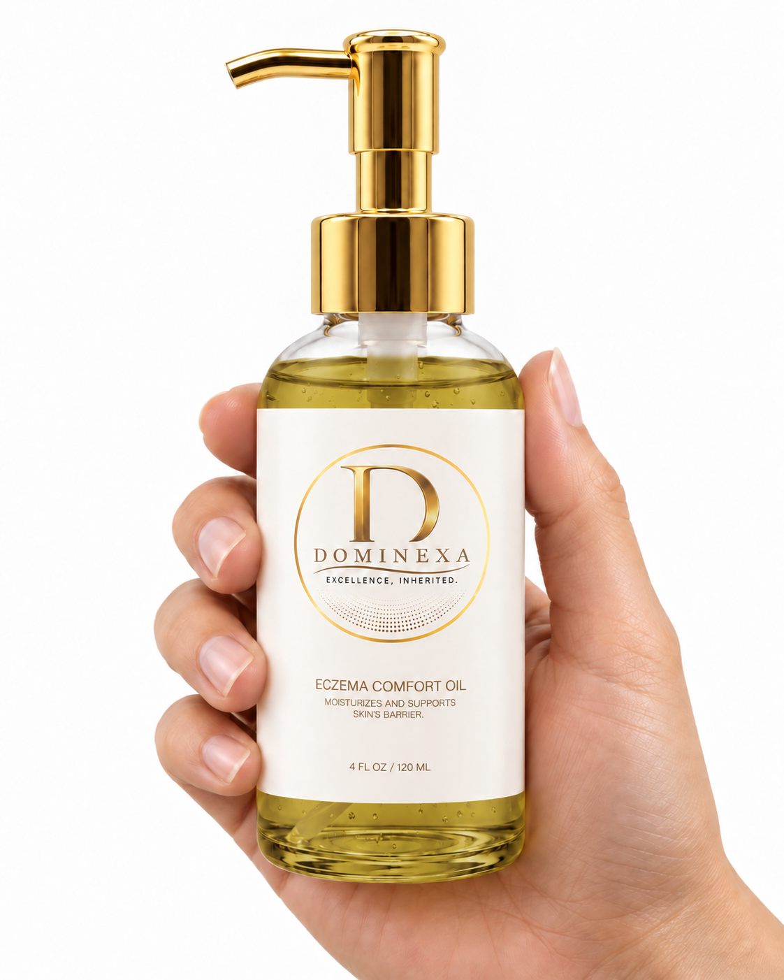 Dominexa Eczema Comfort Oil, 4 fl oz pump bottle of hemp and chamomile body oil for eczema-prone skin